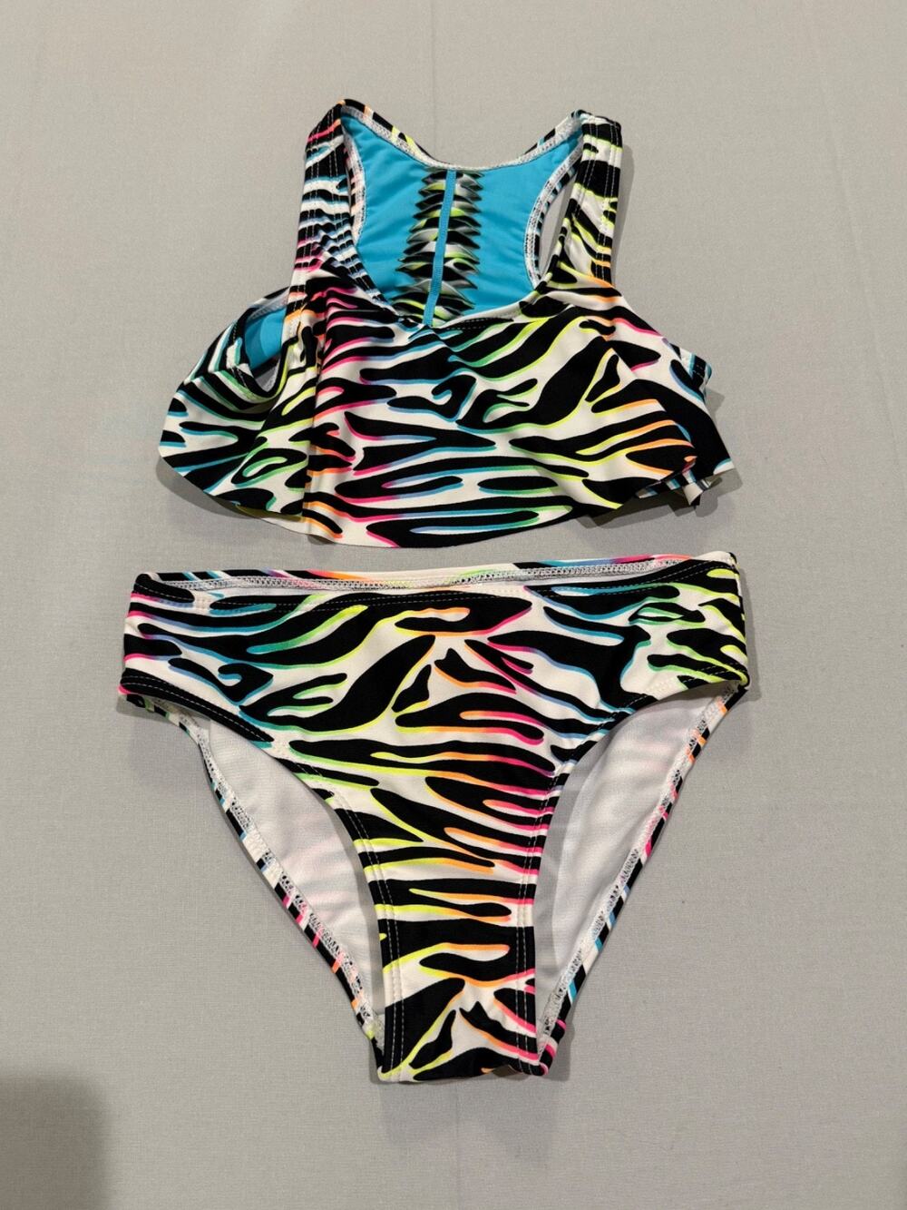 SO Girls Size 7/8 2 Piece Swimsuit Neon Zebra Print Racerback Bikini Set